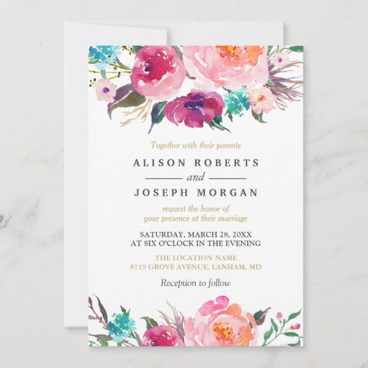 Paarse Waterverf Botanische bruiloft Kaart (Voorkant)