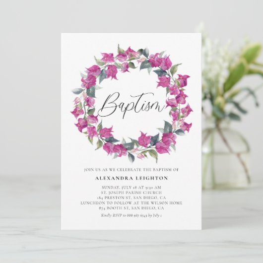 Paarse Waterverf Bougainvillea Wreath Baptisme Kaart (Staand voorkant)