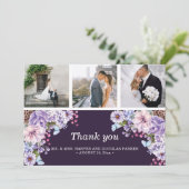 Paarse Waterverf bruiloft foto collage Bedankkaart (Staand voorkant)