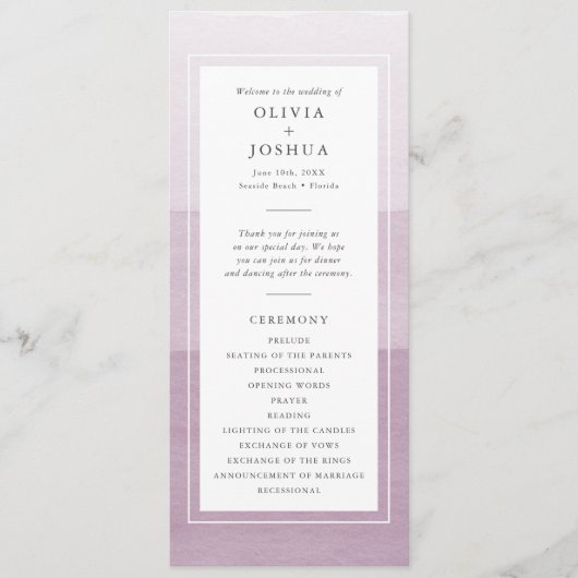 Paarse Waterverf bruiloft Programmakaart (Voorkant)