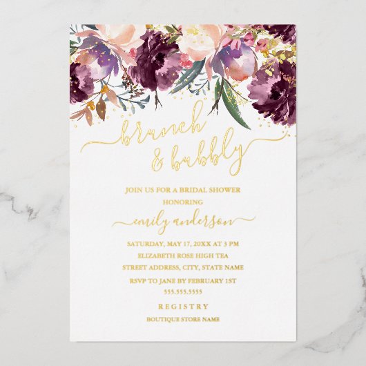 Paarse Waterverf Brunch en bubbel Vrijgezellenfees Folie Uitnodiging (Voorkant)