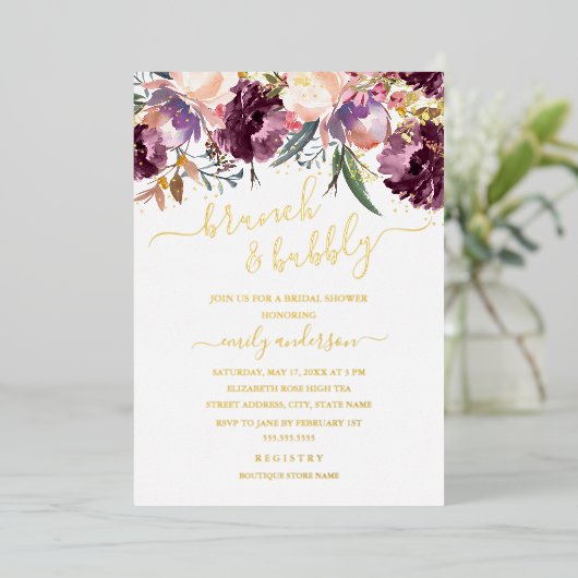 Paarse Waterverf Brunch en bubbel Vrijgezellenfees Folie Uitnodiging (Staand Voorkant)