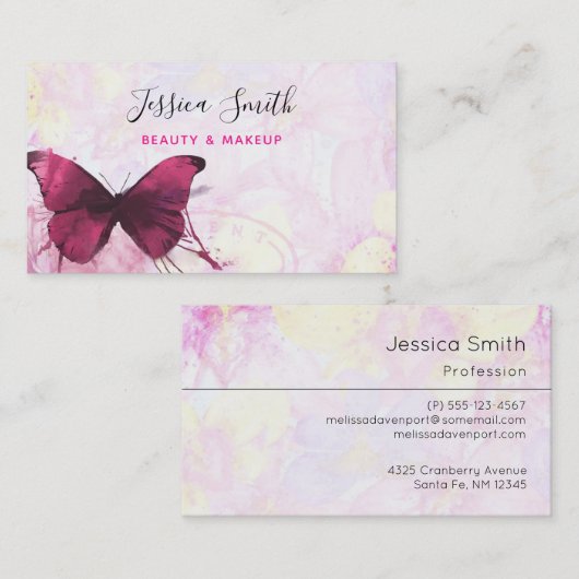 Paarse Waterverf Butterfly on Pink and Yellow Visitekaartje (Voorkant / Achterkant)