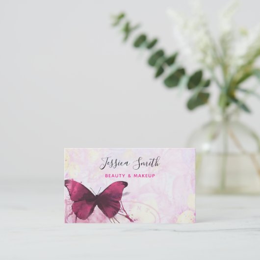 Paarse Waterverf Butterfly on Pink and Yellow Visitekaartje (Staand voorkant)