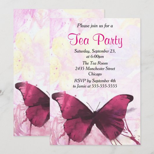 Paarse Waterverf Butterfly Tea Party Kaart (Voorkant / Achterkant)