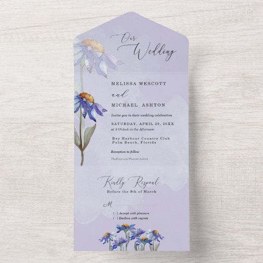 Paarse Waterverf Daisies Modern Rustic Wedding All In One Uitnodiging (Binnen)