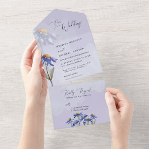 Paarse Waterverf Daisies Modern Rustic Wedding All In One Uitnodiging