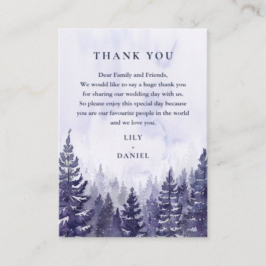 Paarse Waterverf dennenbos bruiloft dank u Plaatskaartje (Voorkant)