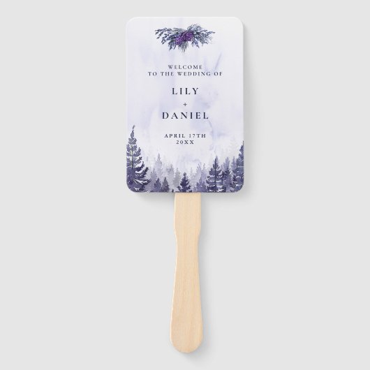 Paarse Waterverf dennenbos bruiloft programma Handwaaier (Voorkant)