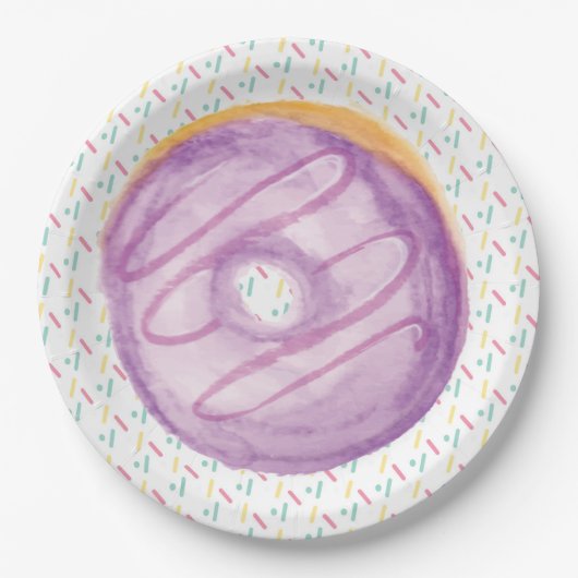 Paarse Waterverf Donut en Sprinkles Papieren Bordje (Voorkant)