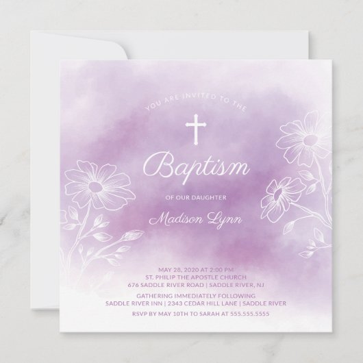 Paarse Waterverf doopsel doop Kaart (Voorkant)