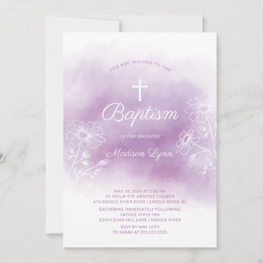 Paarse Waterverf doopsel doop Kaart (Voorkant)