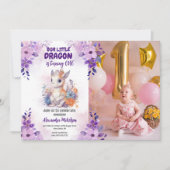 Paarse Waterverf Dragon Baby 1e Verjaardagsfoto Kaart (Voorkant)