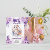 Paarse Waterverf Dragon Baby 1e Verjaardagsfoto Kaart (Staand voorkant)