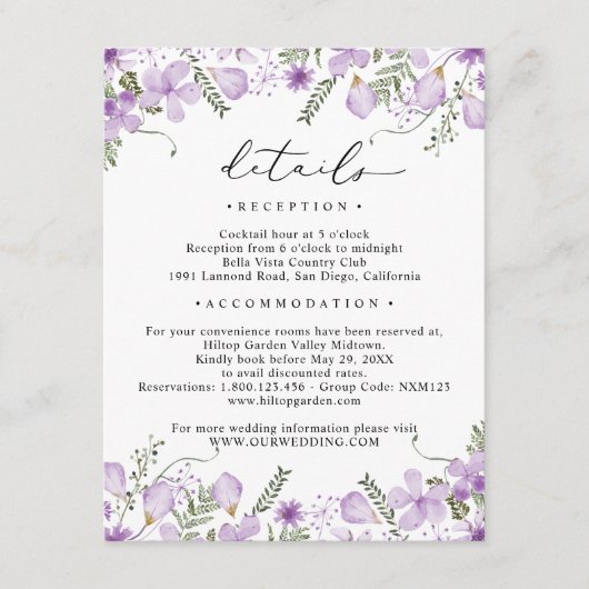 Paarse Waterverf drumperen bruiloft - details Informatiekaartje (Voorkant)