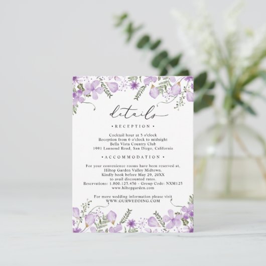 Paarse Waterverf drumperen bruiloft - details Informatiekaartje (Staand voorkant)