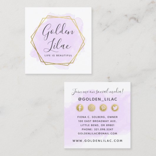 Paarse Waterverf en Gold Social Media Network Vierkante Visitekaartje (Voorkant / Achterkant)