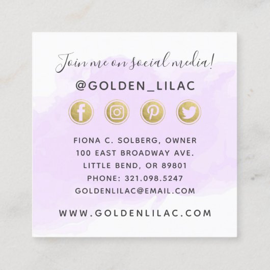 Paarse Waterverf en Gold Social Media Network Vierkante Visitekaartje (Achterkant)