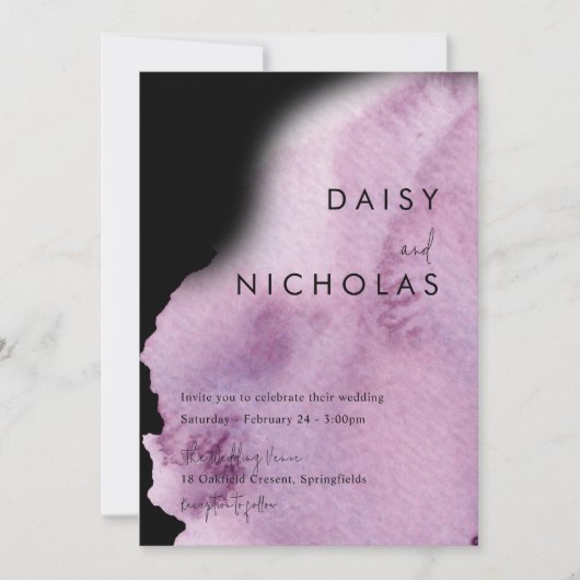 Paarse Waterverf en zwart huwelijk Kaart (Voorkant)