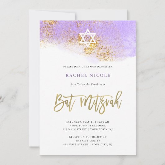 Paarse Waterverf | Faux Gold Bat Mitzvah Kaart (Voorkant)