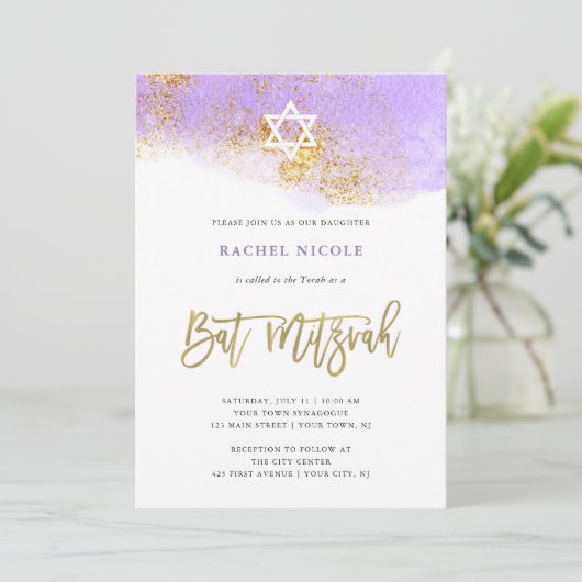 Paarse Waterverf | Faux Gold Bat Mitzvah Kaart (Staand voorkant)
