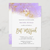 Paarse Waterverf | Faux Gold Bat Mitzvah Kaart (Voorkant / Achterkant)
