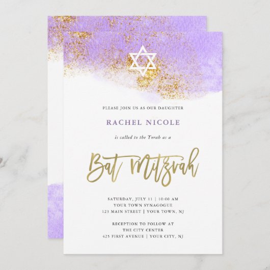 Paarse Waterverf | Faux Gold Bat Mitzvah Kaart (Voorkant / Achterkant)