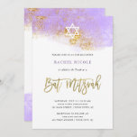 Paarse Waterverf | Faux Gold Bat Mitzvah Kaart<br><div class="desc">Deze trendy Bat Mitzvah-uitnodiging bevat een kleurrijke paarse waterverf die er uitziet,  met faux goud modern handgeschreven script,  faux glitter en een Star van David.</div>