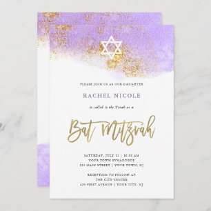 Paarse Waterverf   Faux Gold Bat Mitzvah Kaart
