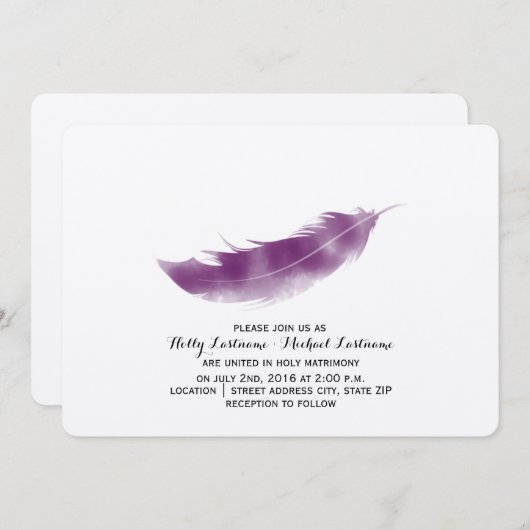 Paarse Waterverf Feather Wedding Invitation Kaart (Voorkant / Achterkant)
