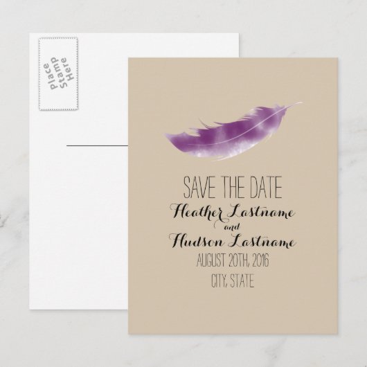 Paarse Waterverf Feather Wedding Save the Date Aankondigingskaart (Voorkant / Achterkant)
