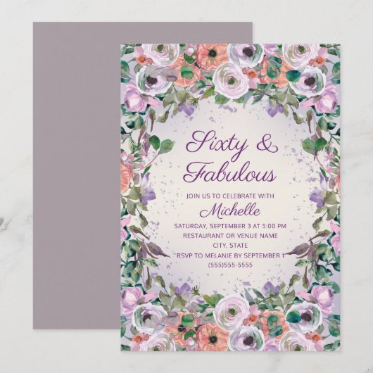 Paarse Waterverf Floral 60 Fabulous Birthday Kaart (Voorkant / Achterkant)