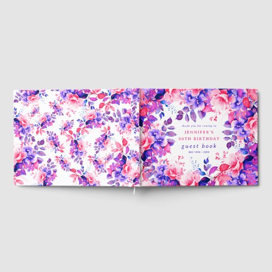 Paarse Waterverf Floral 90th Birthday Gastenboek (Volledig)