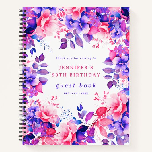Paarse Waterverf Floral 90th Birthday Gastenboek Notitieboek (Voorkant)