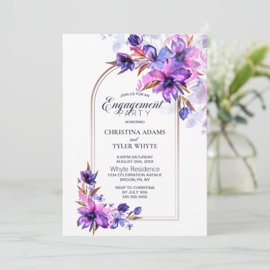 Paarse Waterverf Floral Arch Engagement Party Kaart (Staand voorkant)