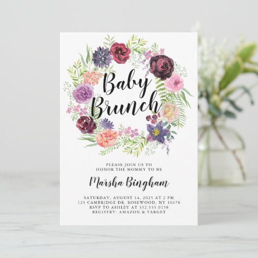 Paarse Waterverf Floral Baby Brunch Kaart (Staand voorkant)