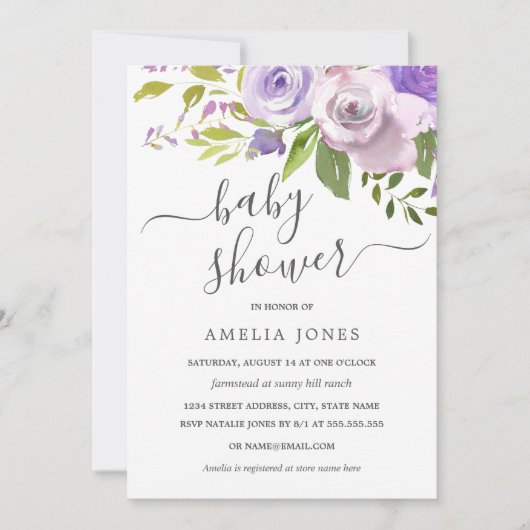 Paarse Waterverf Floral Baby shower Kaart (Voorkant)