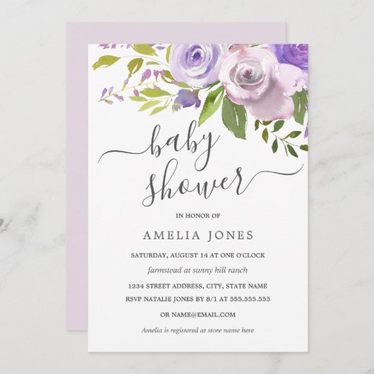 Paarse Waterverf Floral Baby shower Kaart (Voorkant / Achterkant)