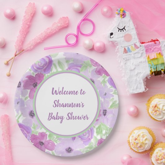  Paarse Waterverf Floral Baby shower Papieren Bordje (Feest)