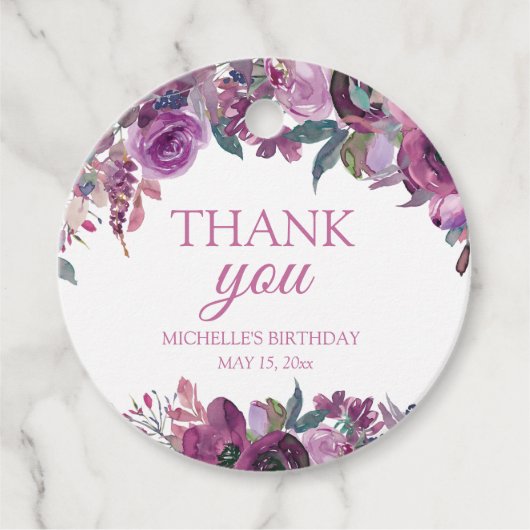 Paarse Waterverf Floral Birthday Hartelijk dank Bedankjes Labels (Voorkant)
