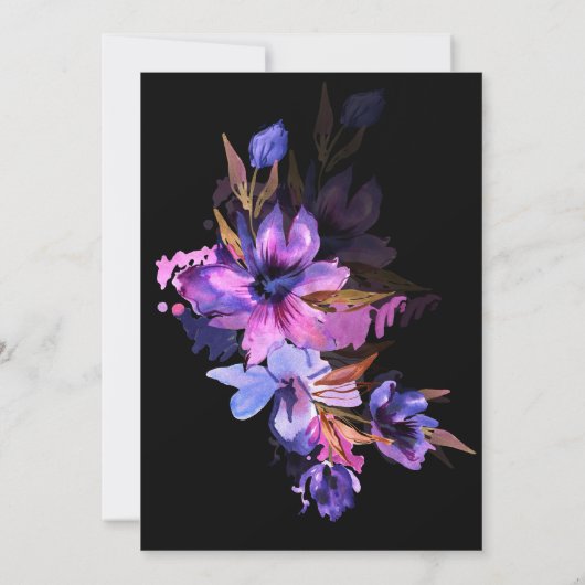 Paarse Waterverf Floral Black Engagement Party Kaart (Achterkant)