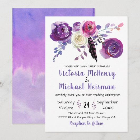 Paarse waterverf Floral Boho huwelijksuitnodiginge Kaart (Voorkant / Achterkant)
