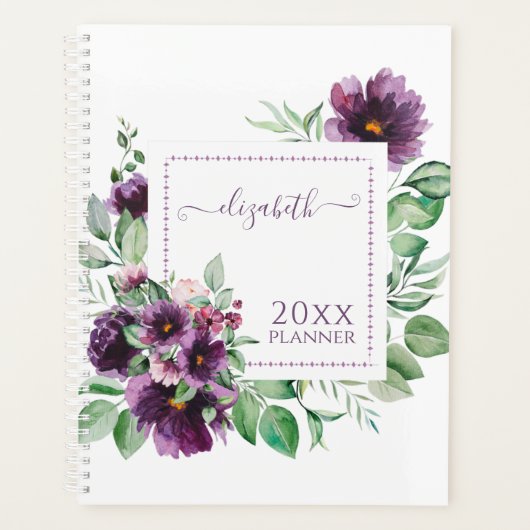 Paarse Waterverf Floral botanisch | Gepersonalisee Planner (Voorkant)