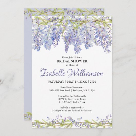 Paarse Waterverf Floral Bridal Shower Invitations Kaart (Voorkant / Achterkant)