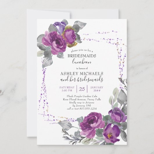 Paarse Waterverf Floral Bridesmaids Luncheon Kaart (Voorkant)