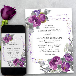 Paarse Waterverf Floral Confetti Lijst bruiloft Kaart