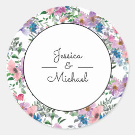Paarse Waterverf Floral Couple's Names White Ronde Sticker