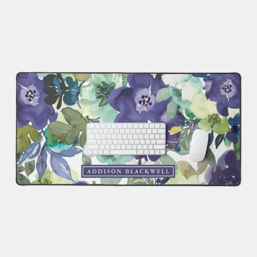 Paarse Waterverf Floral Desk Mat en aangepaste naa (Keyboard & Muis)