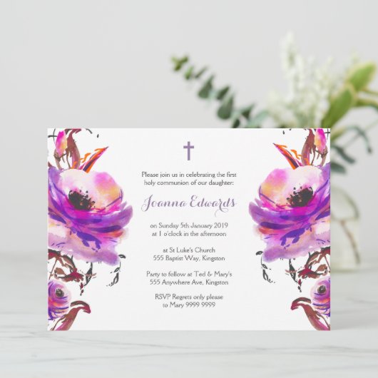 Paarse Waterverf Floral Eerste Gemeenschap Kaart (Staand voorkant)