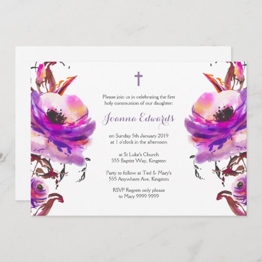 Paarse Waterverf Floral Eerste Gemeenschap Kaart (Voorkant / Achterkant)